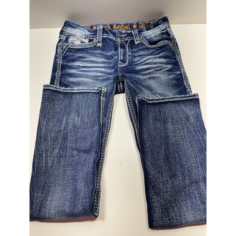 Rock Revival Fiery Red Mid Rise Boot Stretch Denim Jeans Sz 28/32 Y2K Med Wash